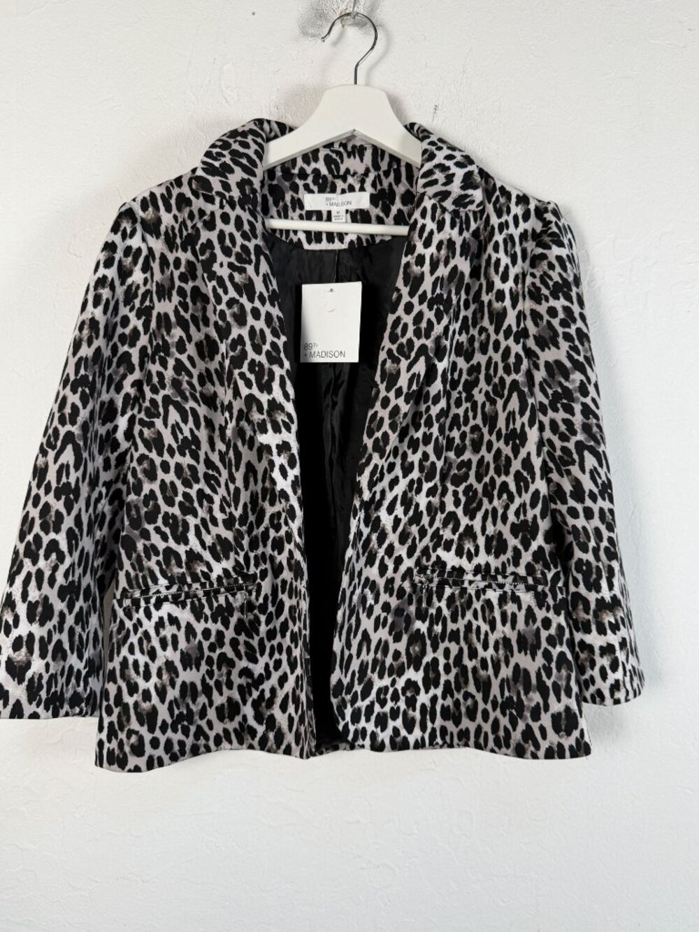 89th & Madison Womens Leopard Open Front 3/4 Sleeve Blazer Jacket Medium New $60